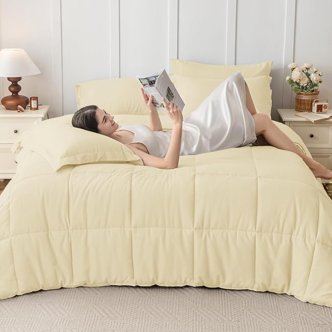 JOLLYVOGUE California King Comforter Set, Ultra-Soft Bed in a Bag Cal King Size 7 Pieces, Oeko-TEX Certified Bedding Set with Down Alternative Comforter, Sheets, Pillowcases & Shams, Light Yellow