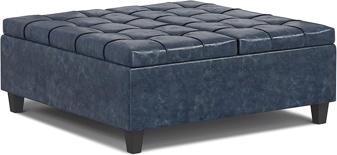 SIMPLIHOME Harrison Large Coffee Table Storage Ottoman - 40 inch Wide Upholstered Vegan Leather Square Lift-Top Ottoman in Denim Blue, Transitional Bench for Living Room with Sturdy Base