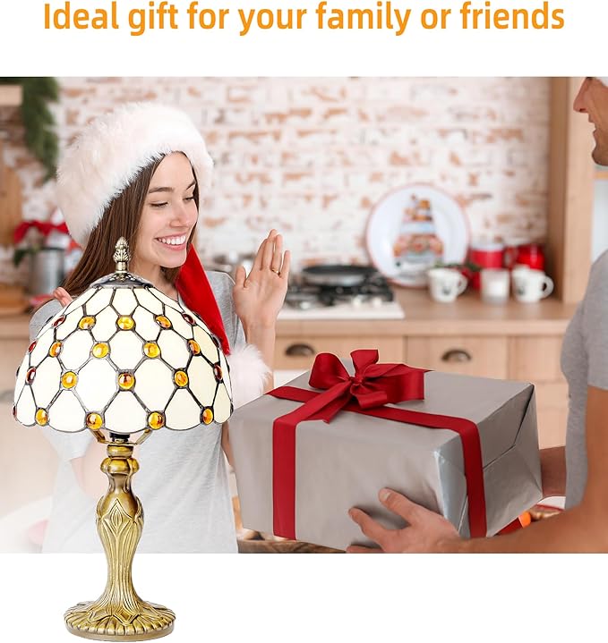 8" Tiffany Style Table Lamp, Yellow Beads Small Stained Glass Night Lamp, Handmade Desk Bedside Antique Light for Living Room, Bedroom and Study, Ideal Art Gift for Family & Friends