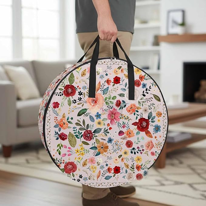 Storage Bag Pink Floral Round Storage Totes Bins Closet Organizers with Zippers & Handle Farmhouse Vintage Flower Clothes Storage Container for Bedroom Dorm Space Saving Packing Supplies Moving Bags