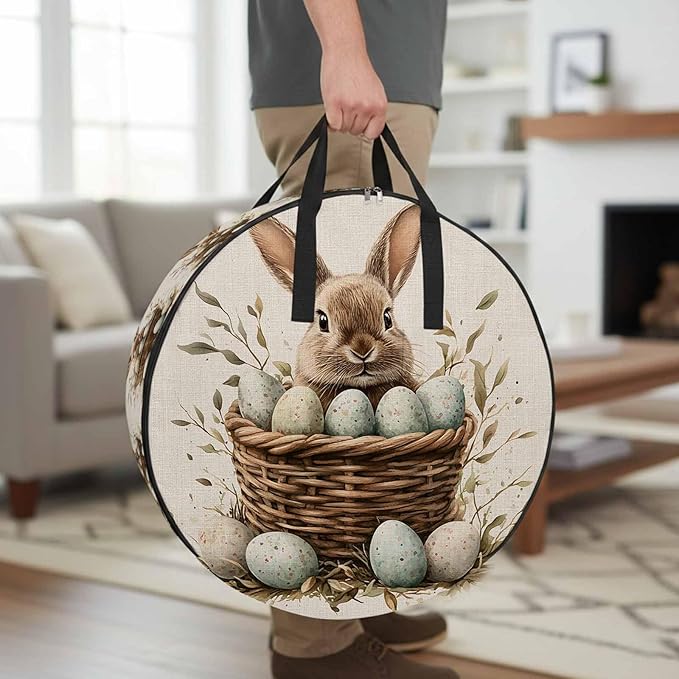Easter Rabbit Round Storage Bag 36 Inch, Vintage Basket Green Eggs Country Leaf Greenery Linen Clothes Storage Container with Handles Heavy Duty Organizer for Comforter, Bedding & Holiday Wreaths