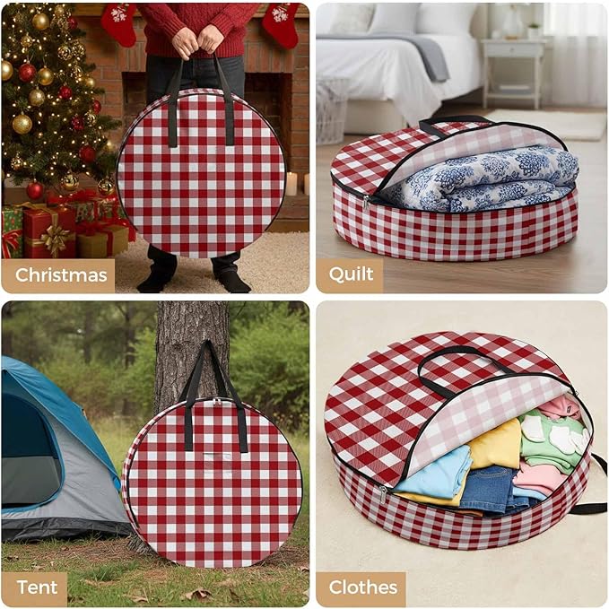 24 Inch Round Storage Bag 2 Pack,Farmhsoue Christmas Red White Buffalo Check Waterproof Wreath Storage Container with Handles&Zipper Rural Style Closet Organizer Bags Garland Box