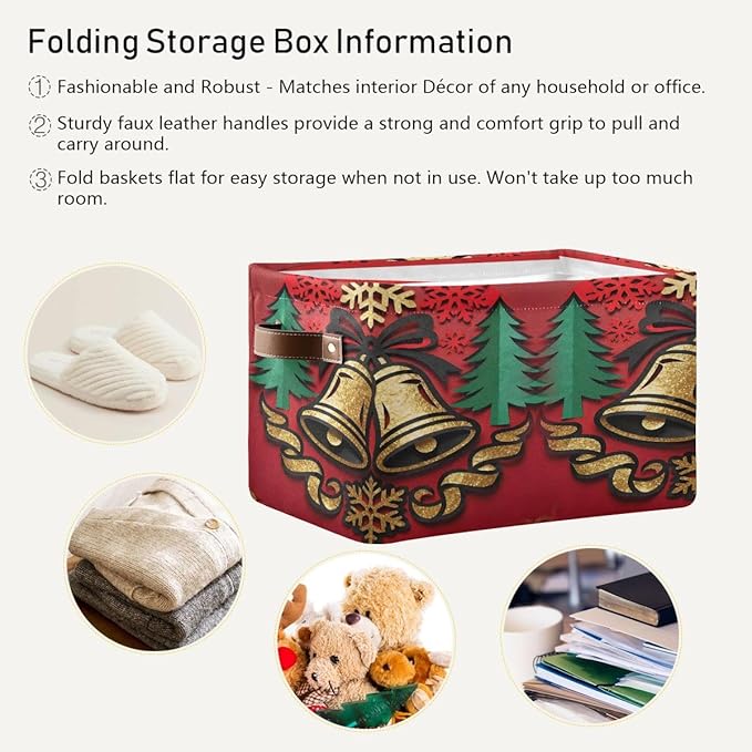 Christmas Storage Basket, Collapsible Canvas Organizer with Festive Bells Pattern, 14.2x10.2x8.3 Inches, Red Holiday Design with Leather Handles, for Bedroom Storage