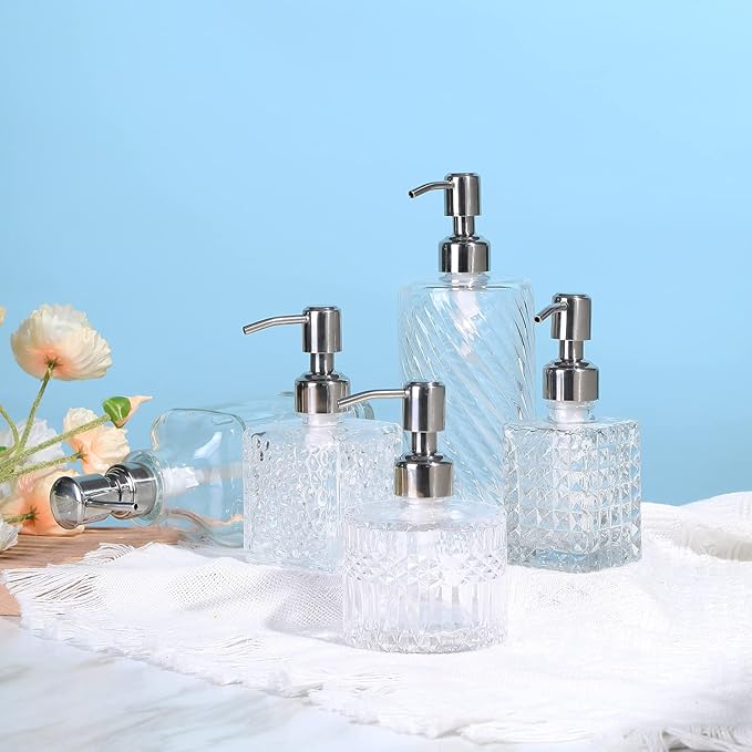 YunNasi Soap Dispenser with Stainless Steel Pump, Clear Crystal Design, Vintage and Elegant, Refillable Liquid Hand Soap Dish Soap Dispensers for Bathroom Counter, Kitchen Sink (Style 5)