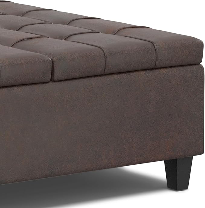 SIMPLIHOME Harrison Large Coffee Table Storage Ottoman - 40 inch Wide Upholstered Vegan Leather Square Lift-Top Ottoman in Distressed Brown, Transitional Bench for Living Room with Sturdy Base