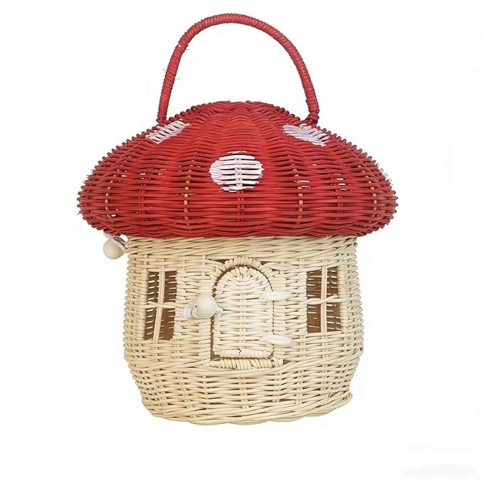 Handmade Rattan Mushroom Shaped Storage Basket - Cute Handmade Decorative Craft, red, Easy to use