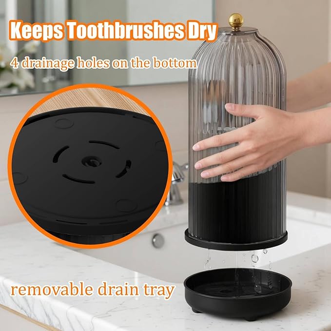 JEESA Toothbrush Holder Organizer, with Drainage Holes, with Dustproof Cover, 360 Rotating, 3 Slots, for Bathroom Countertop, Black