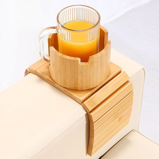 SINWANT Couch Cup Holder, Bamboo Couch Drink Holder for Large Coffee Mug,Non-Slip 360° Rotation 2 in 1 Sofa Cup Holder & Phone Stand, Clip on Sofa RV Car Armrest for Water Bottles,Cans,Wine