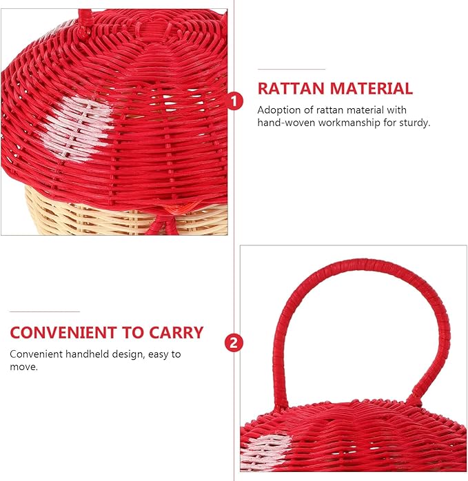 TEHAUX Rattan Mushroom Basket with Lid, Handwoven Rattan Storage Basket Decorative Straw Bag Box Organizer Prop for Room Decor Desktop Props Christmas
