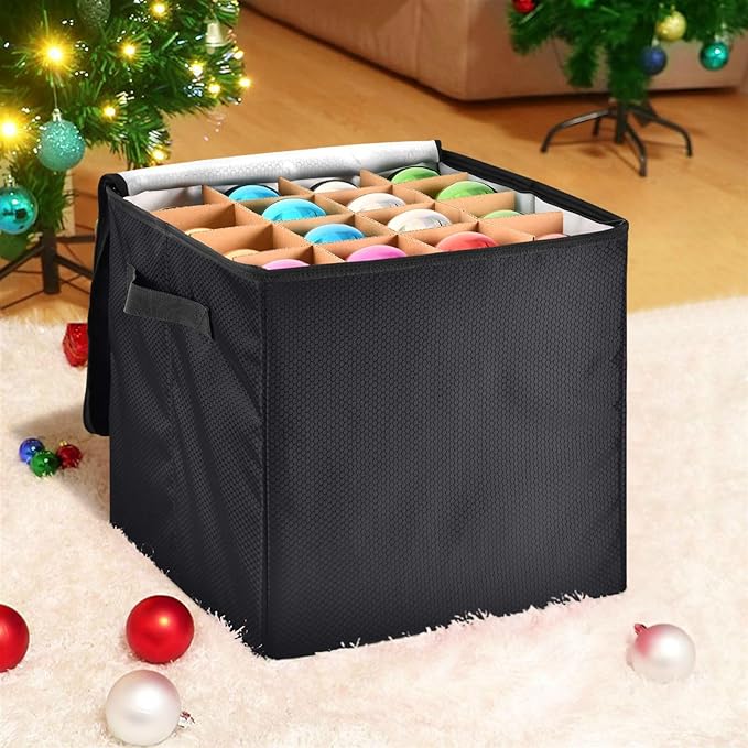 Black Christmas Ornament Storage Basket Box Holiday Storage Container Cube with Adjustable Dividers for 64 Holiday Ornaments or Decorations Keeps Clean and Dry for Next Season