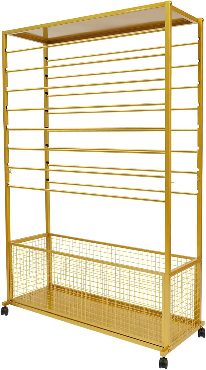 16 Tier Ribbon Holder Organizer Rack, Metal Double-Sided Ribbon Spool Storage Shelf with Wheels, Rolling Flower Wrapping Paper Storage Stand for Craft Room Flower Shop Gift Wrapping(Wider, Gold)