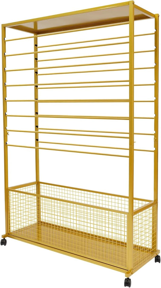 16 Tier Ribbon Holder Organizer Rack, Metal Double-Sided Ribbon Spool Storage Shelf with Wheels, Rolling Flower Wrapping Paper Storage Stand for Craft Room Flower Shop Gift Wrapping(Wider, Gold)