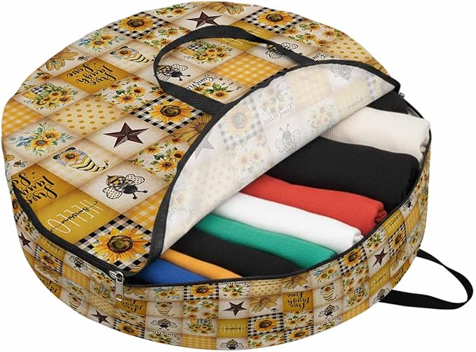 Farmhouse Round Storage Bag 36 Inch, Sunflower Gnome Bee Star Yellow Buffalo Plaid Patchwork Clothes Storage Container with Handles Heavy Duty Organizer for Comforter, Bedding & Holiday Wreaths