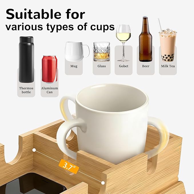Korser Couch Armrest Table, Sofa Arm Tray with Removable Cup Holder, 2 in 1 Anti-Slip Armrest Tray Table for Couch, Bamboo Foldable Couch Cup Holder for Drinks Snacks Phone Remote Control