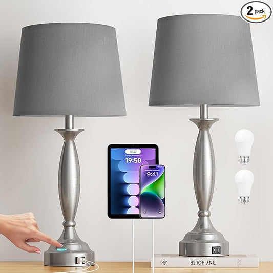 Seealle 25.5" Touch Bedside Lamps for Nightstand Set of 2 - Bedroom Lamps with USB C+A, 3 Way Dimmable Nightstand Lamps, Brushed Nickel Table Lamps for Living Room (Bulbs Included)