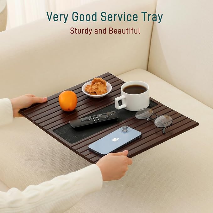 Bamboo Couch Arm Tray Table with Anti-Slip Cork Pad，Foldable Sofa Armrest Tray Table for Couch，Flexible Couch Arm Cup Holder，Portable Sofa Arm Chair Table for Drink, Snacks, Phone, Remote (Mahogany)