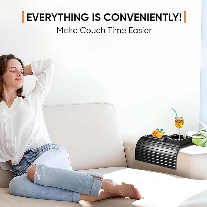 Bamboo Couch Cup Holder Tray, Sofa Arm Tray with Black Mat | Anti-Slip Foldable Sofa Armrest Table for Snacks, Drinks, Donuts, Phone & Remote - Lab Tray | Anti-Falling Couch Organizer
