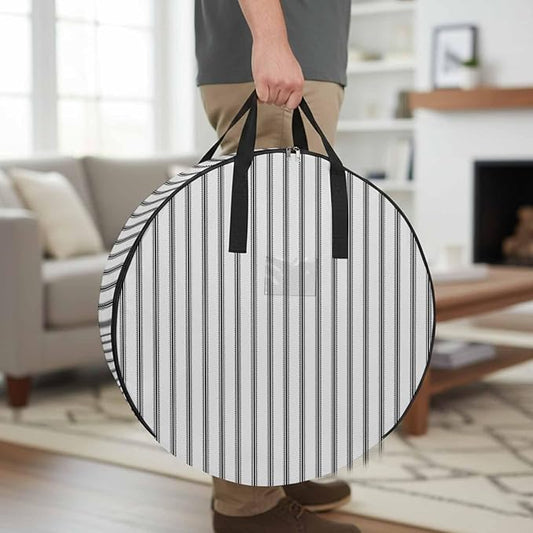 24 Inch Round Storage Bag 1 Pack,Grey White Stripes Modern Minimalism Waterproof Wreath Storage Container with Handles&Zipper Geometric Striped Art Closet Organizer Bags Garland Box