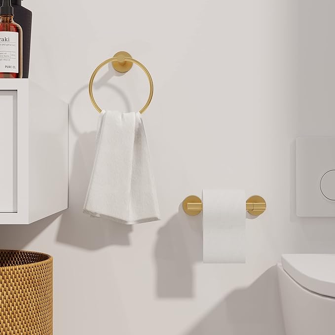 RARXTR Gold Toilet Paper Holder & Towel Ring SUS304 Stainless Steel 2pc Bathroom Hardware Set with Double Post Pivoting Toilet Paper Roll Holder Wall Mount & Bathroom Towel Holder Set