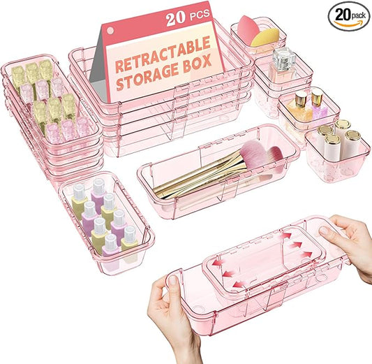 20 Pcs Clear Drawer Organizer, Adjustable Drawer Storage Box, 3-Size Desk Drawer Organizer, Acrylic Storage Bins for Makeup, Kitchen Utensils, Bedroom Dressers Tool Organizer for Gadgets, Pink