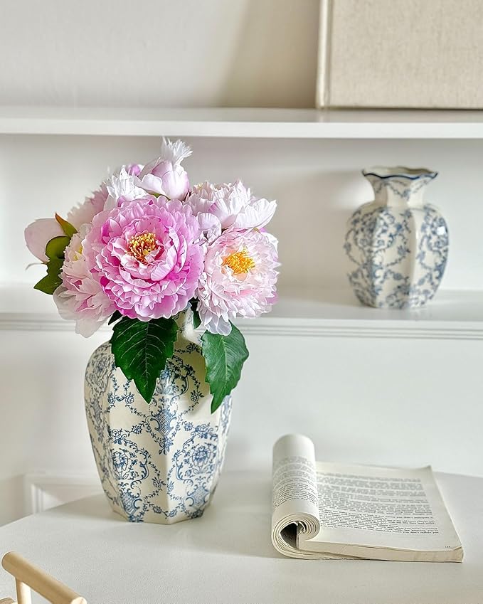 Vintage Blue Ceramic Vase, Blue and White Porcelain Decorative Flower Vase for Centerpiece Living Room Table Shelf, Chinoiserie French Country Decor