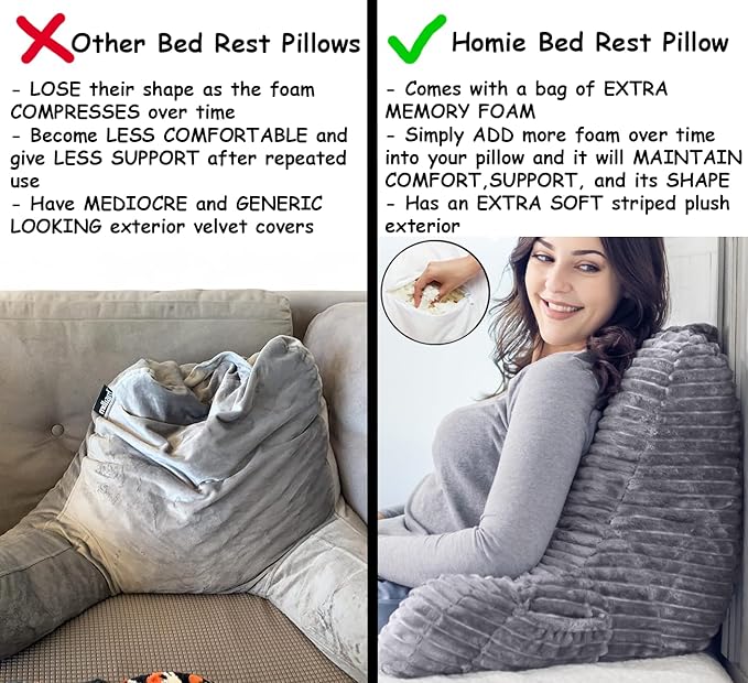 Homie Reading Pillow with Reading Light and Wrist Support, Has Arm Rests, and Back Support for Bed Rest, Lounging, Reading, Working on Laptop, Watching TV (Gray)