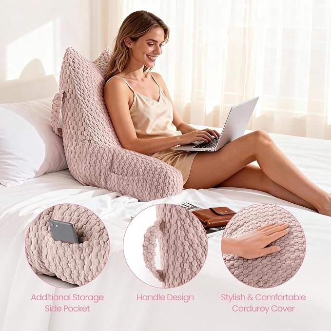 Reading Pillow for Bed Sitting Up, Backrest Pillow with Shredded Memory Foam Filling, Back Support Cushion, Bed Rest Pillow with Arms, Pockets and Washable Cover-Pink