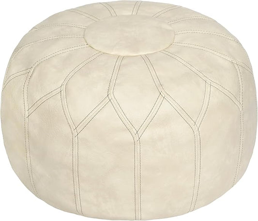 Thgonwid Unstuffed Moroccan Faux Leather Pouf Ottoman with Storage - Handmade Boho Chic Multi-Use Footrest for Living Room, Bedroom, Patio - Round Ethnic Floor Cushion & Decorative Accent, Ivory
