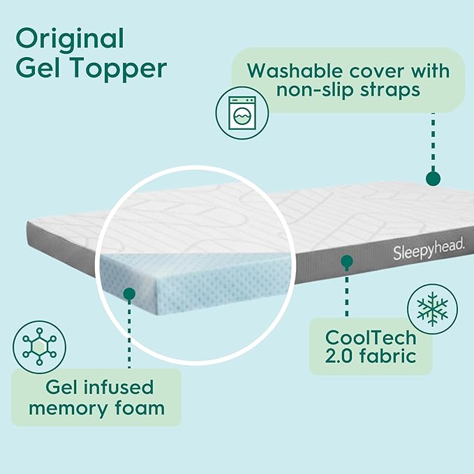 Sleepyhead Twin XL 2 Inch Mattress Topper for College Dorm Beds, Cooling Gel Memory Foam, Pressure-Relieving Comfort, Removable Washable Cover, CertiPUR-US® Certified (XL Twin 2")