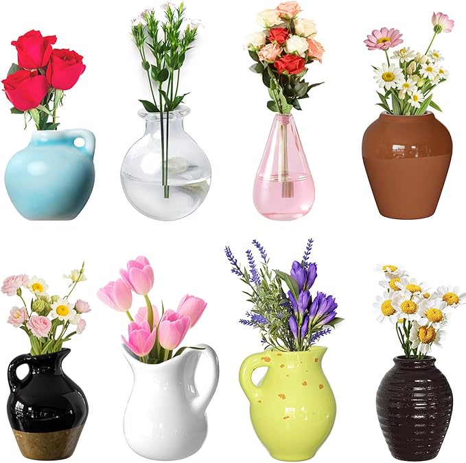 Cute Mini Ceramic Vase Magnets for Fridge, Funny Small Plant Magnets, Tiny 3D Plant Vase for Refrigerator Decoration Kitchen Locker Kitchen Office (8 Pack)