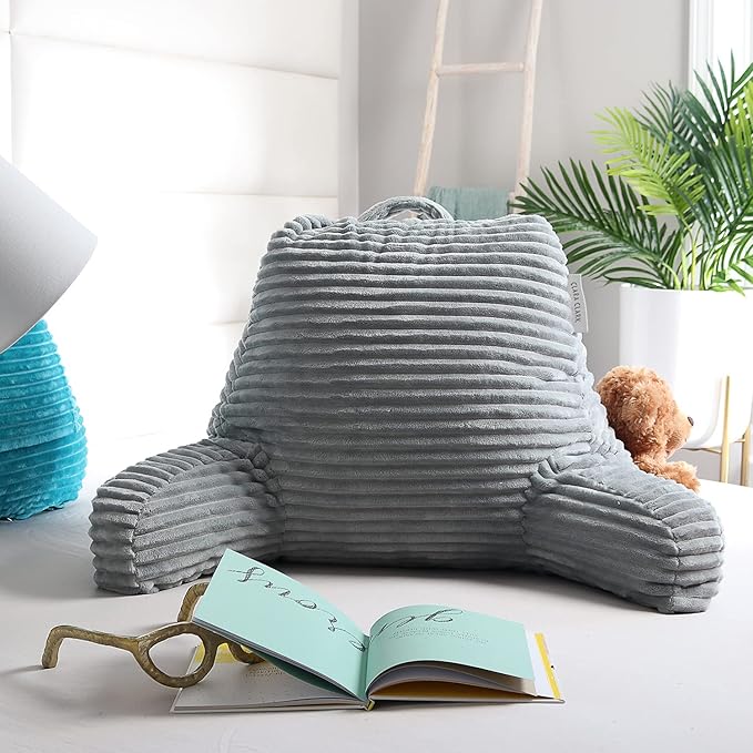 Clara Clark Reading Pillow for Bed Adult–Back Pillow for Sitting in Bed, Standard Plush Bed Pillows for Sitting Up in Bed, Shredded Foam Bed Chair Pillow with Arms and Pockets, Silver Bed Rest Pillow