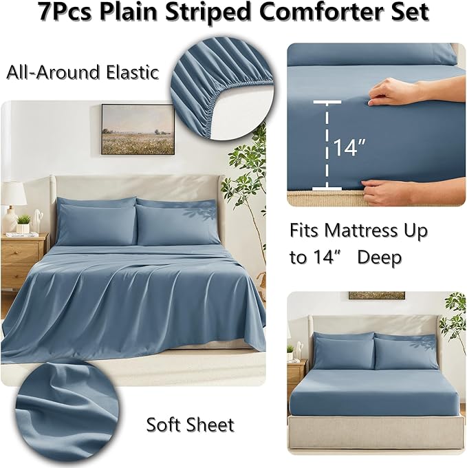 CozyLux King Size Comforter Set Mineral Blue, 7 Pieces Bed in a Bag, Blue Comforter King Size, All Season Bedding Sets with Stitch Quilted Comforter, Flat Sheet, Fitted Sheet, Pillowcases