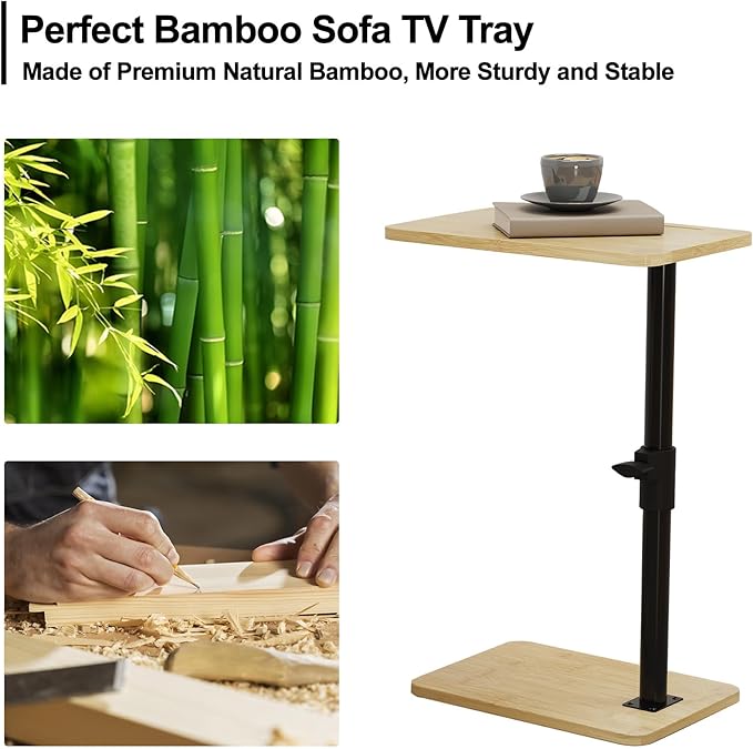 2Pcs Sofa Armrest Tray Table - 360° Bamboo Swivel TV Trays - Height Adjustable Side Table for Bed or Chair with Phone and Tablet Slots - End Tables for Small Spaces (2PCS, Standard)