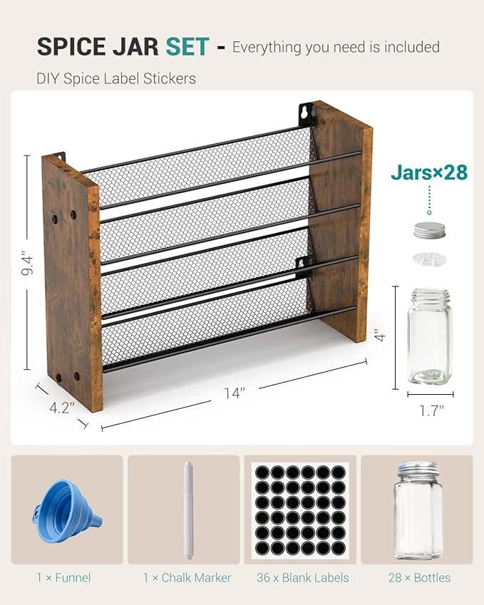 NESAPTO Spice Rack Organizer with 28 Spice Jars, Wooden Vertical Seasoning Organizer with Labels, Chalk Marker and Funnel Set for Cabinet, Kitchen Pantry, Countertop/Wall Mount, 14" W × 9.4" H