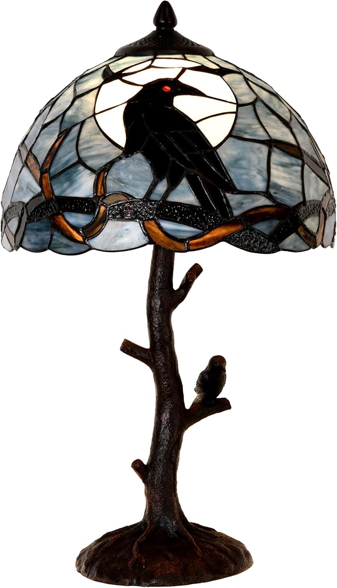 Bieye L10956 Raven Sitting on Bare Tree Branch in Full Moon Night Tiffany Style Stained Glass Table Lamp for Home Decor (Dark Blue, 12Wx20H)