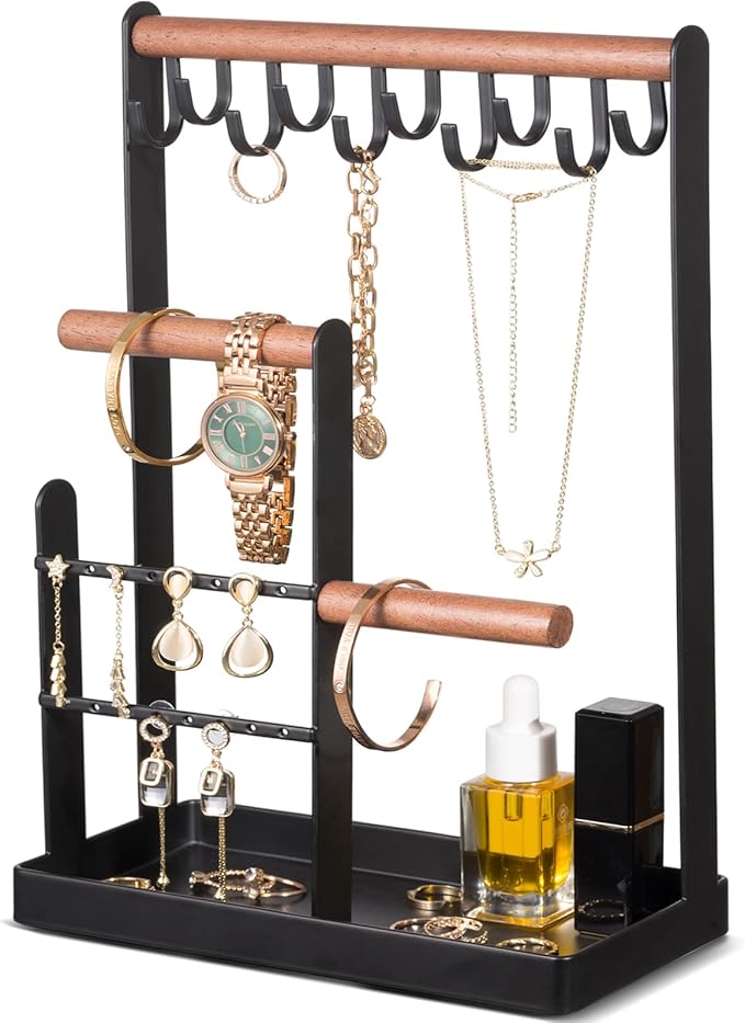 ProCase Jewelry Stand Holder Organizer, 4-Tier Necklace Holder with Ring Tray, 10 Hooks Necklaces Hanging Small Jewelry Display Storage Tower Tree for Bracelets Earrings Watches -Medium, Black