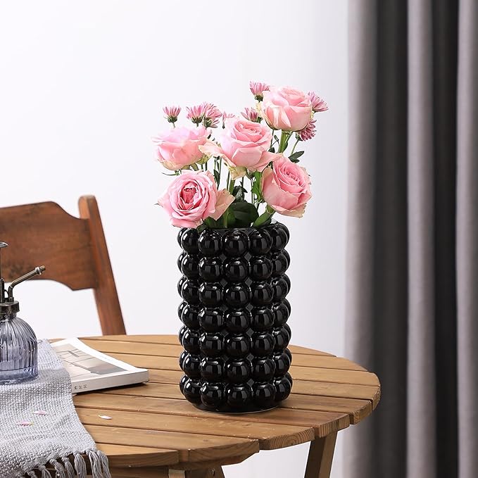 Black Bubble Vase, Black Ceramic Vase for Flowers, Tall Ceramic Vases for Boho Decor, Modern Vases for Living Room, Dinner Table, Bedroom, Wedding, Fireplace Mantel, 8.5 Inches