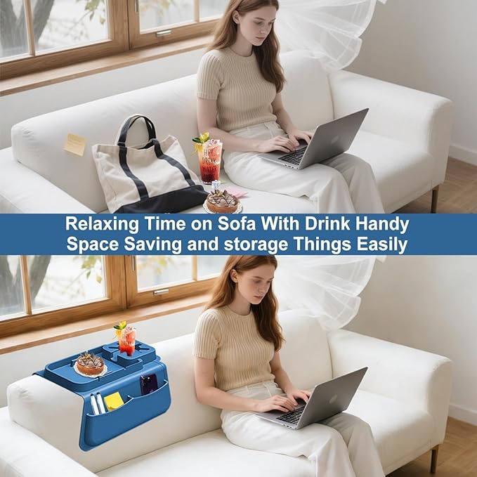 Silicone Couch Cup Holder Tray with Tablet & Phone Stand, Anti-Slip Sofa Arm Organizer with Dual Side Pockets for Remotes, Snacks, Headphones, Glasses, Drinks (Blue)