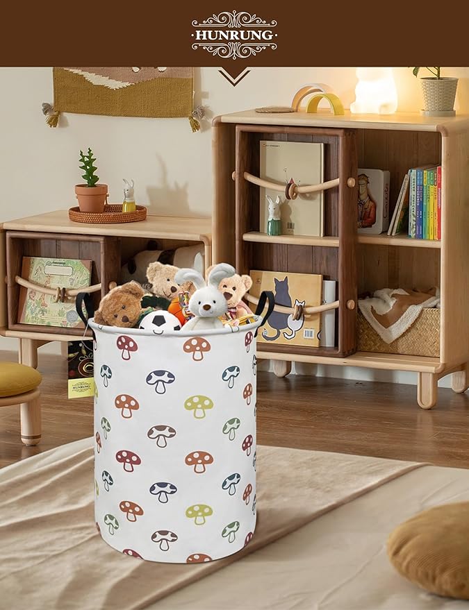 HUNRUNG Collapsible Fabric Storage Basket, Waterproof Laundry Hamper with Handles, Round Storage Bin for Clothes Toys, Foldable Organizer for Bedroom Nursery Bathroom(Round-Color Mushroom)