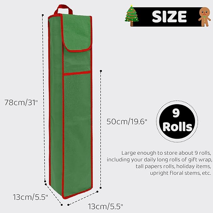 OUTTDID Wrapping Paper Storage Bag 31", Gift Wrapping Paper Organizer Storage Containers with Pocket for Crafts Poster Tools, Christmas Wrap Paper Holder fits for 9 Standard Rolls, Green