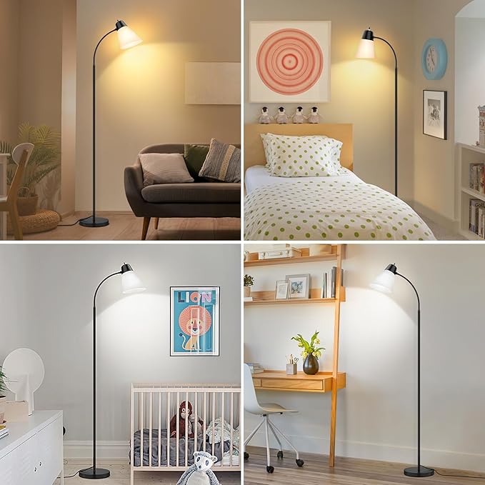 Coucrek Floor Lamp for Living Room, Adjustable Head Standing Lamp with White Plastic Shade, Black Reading Floor Lamps for Dorm, Bulb not Included
