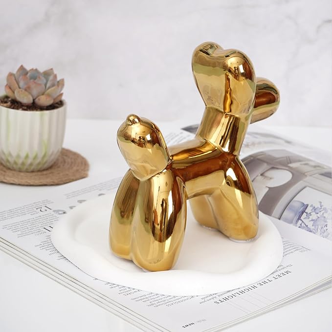 Notakia Large Golden Cute Ceramics Balloon Dog Statue Crafts Living Room Desktop Decorations,Handmade Modern Small Ceramic Animal Statue Ornament Home Decor Accents