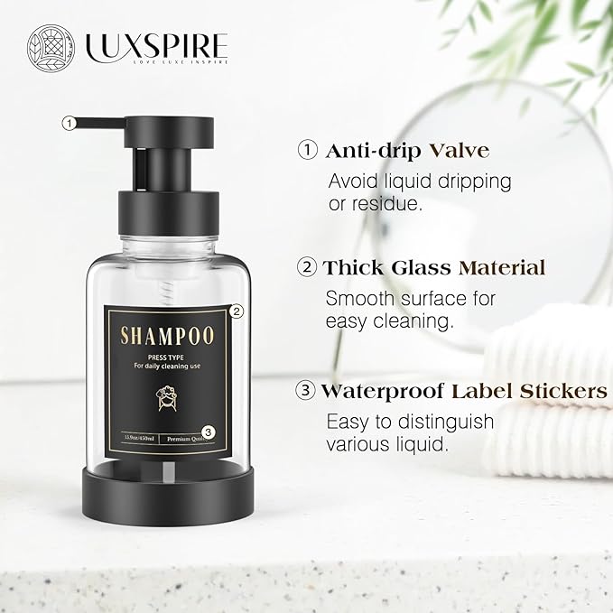 Luxspire Foaming Soap Dispenser, Glass Foam Pump Soap Dispenser, Non-Slip Hand Soap Bottle with 5 Waterproof Labels, 15 Oz Refillable Liquid Soap Bottle for Bathroom & Kitchen, Clear, 1 Pack