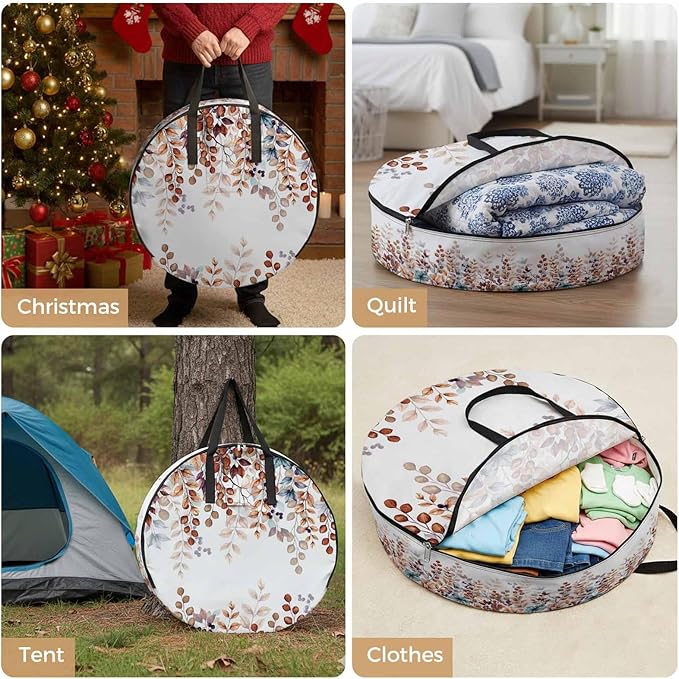 Storage Bag Autumn Eucalyptus Leaves Round Storage Totes Bins Closet Organizers with Zippers & Handle Teal Orange Leaf Berry Branch Clothes Storage Container for Bedroom Space Saving Packing Supplies
