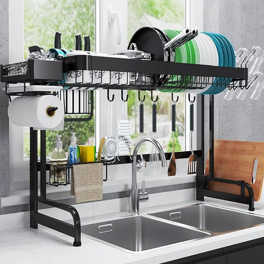 LIVOD Over Sink Dish Drainer Drying Rack, 2 Tier Full Stainless Steel Storage Adjustable Length Kitchen Rack, Multifunctional Expandable Counter Organizer, Space Saver Dish Rack