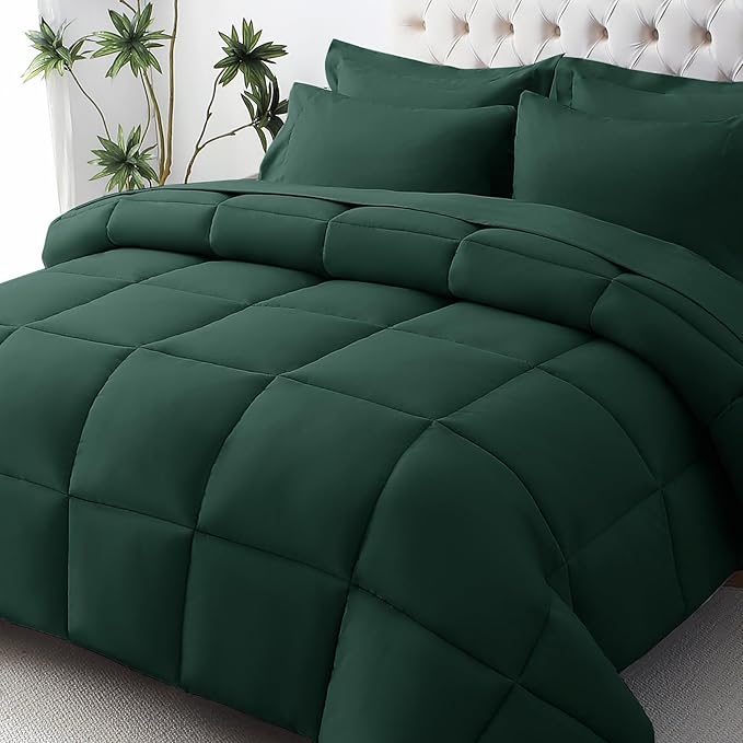 JOLLYVOGUE Queen Comforter Set, Ultra-Soft Bed in a Bag Queen Size 7 Pieces, Oeko-TEX Certified Bedding Set with Down Alternative Comforter, Sheets, Pillowcases & Shams, Emerald Green