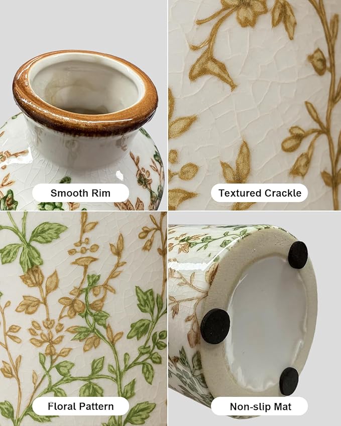 Ceramic Vase Set of 3, Vintage Ceramic Flower Vases, Crackle-Glaze & Distressed Rim, Brown & Green Botanical Pattern, for Home Decor, Living Room Mantel & Dining Table Centerpiece