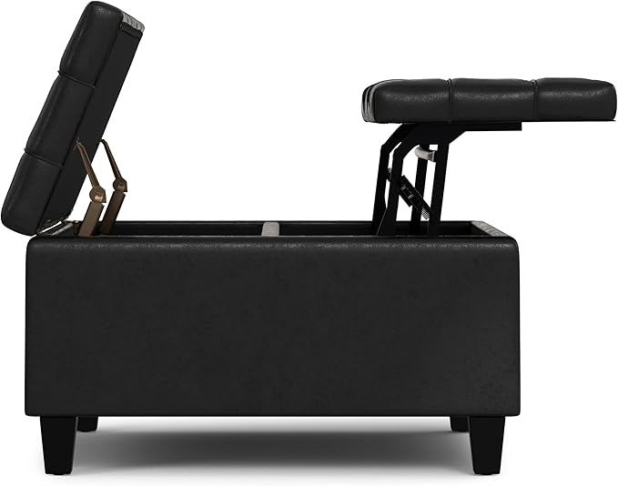 SIMPLIHOME Harrison Small Coffee Table Storage Ottoman - 30 inch Wide Upholstered Vegan Leather Square Lift-Top Ottoman in Distressed Black, Transitional Ottoman for Living Room with Hidden Storage