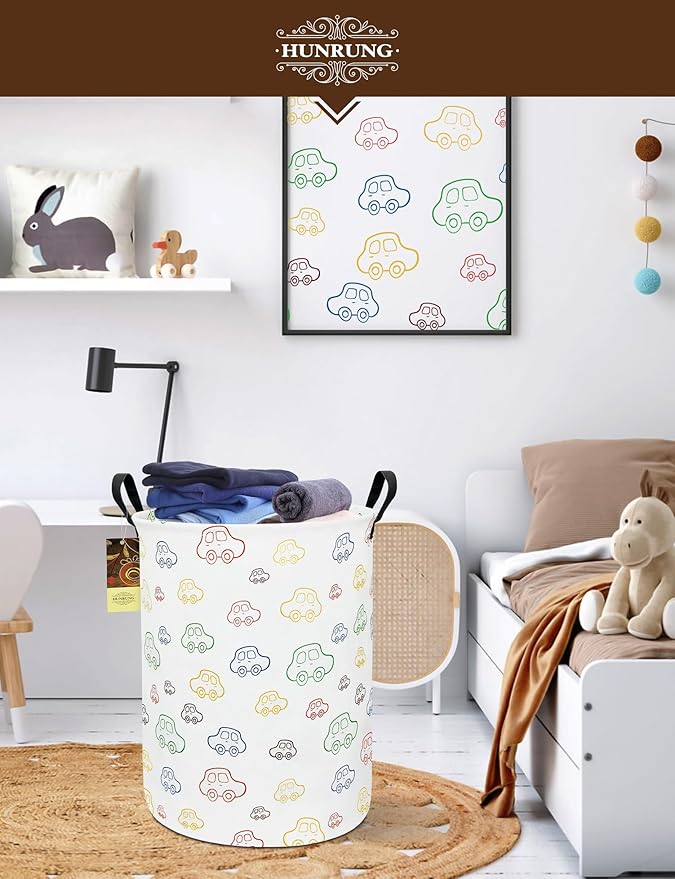 HUNRUNG Collapsible Fabric Storage Basket, Waterproof Laundry Hamper with Handles, Round Storage Bin for Clothes Toys, Foldable Organizer for Bedroom Nursery Bathroom(Round-Colorful Car)