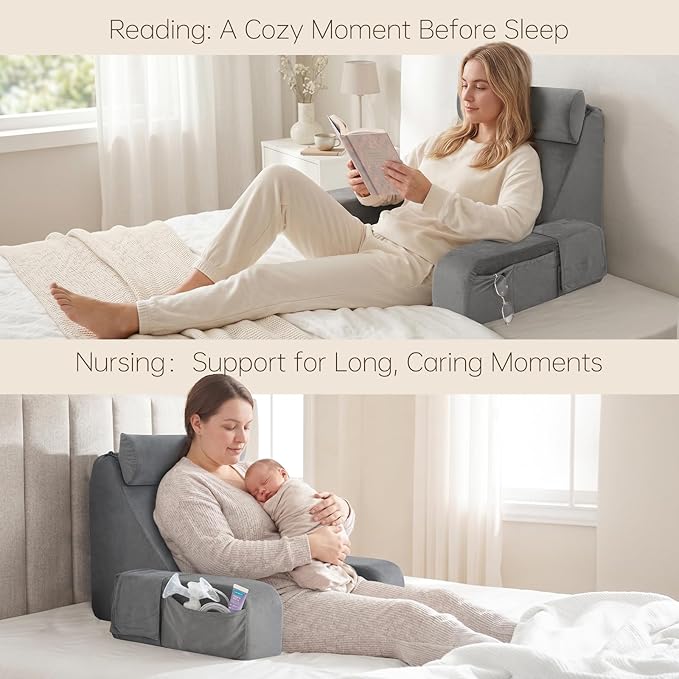 ENITYA Back Pillow for Bed Sitting Up,Reading Pillow with Armrests & Big Pockets for Adults,Upright Pillow for Resting,Watching TV,Nursing,Recovery,Gaming,Grey